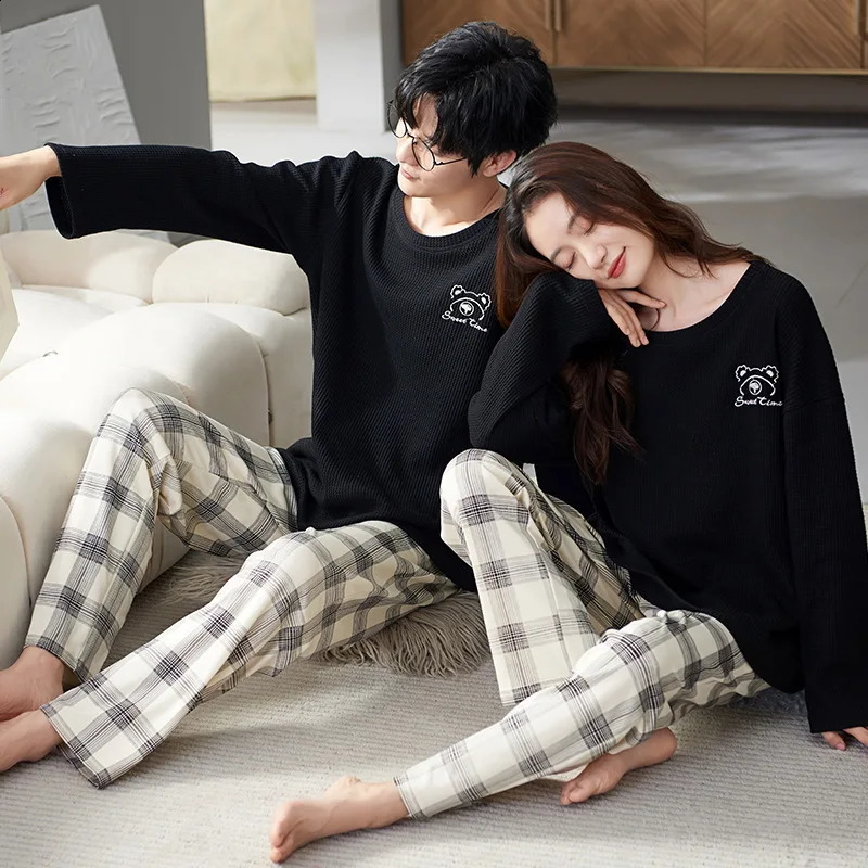 Sommet de sommeil pantalon et hommes assortis de pyjamas set coton waffle lovers vêtements coréens pour les vêtements de nuit de printemps pyjama