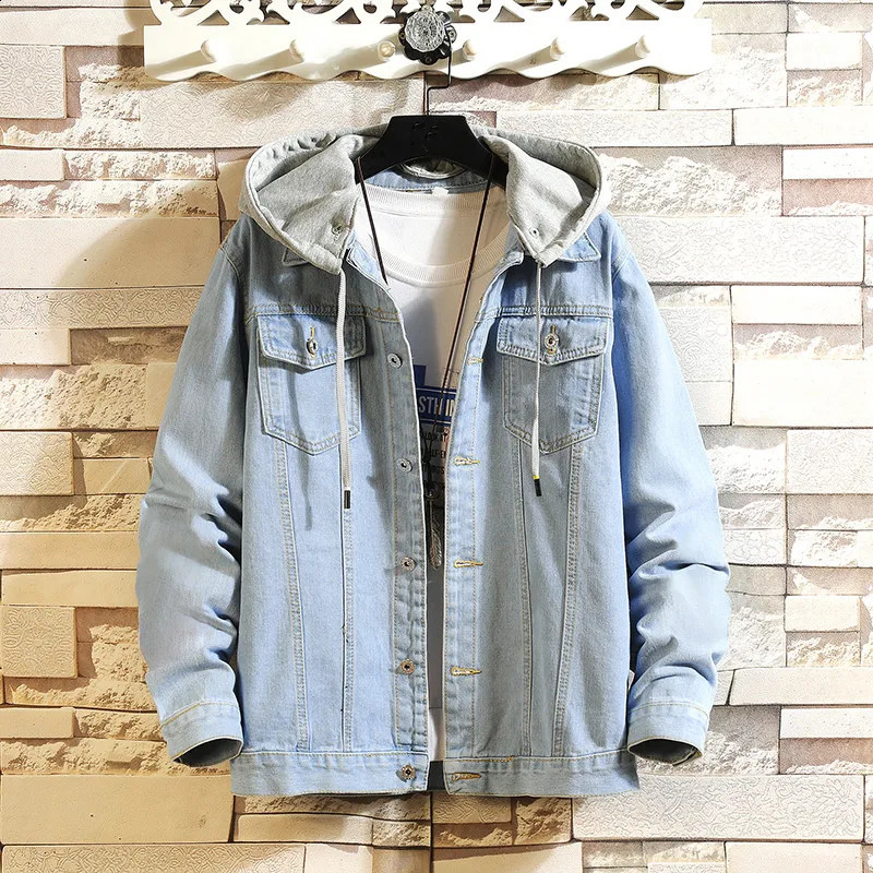 Fashion Hooded Denim Jacket Men Turn Down Collar Casual Jean Outerwear Streetwear Hip Hop Solid Color Loose Denim Coat Man 240828