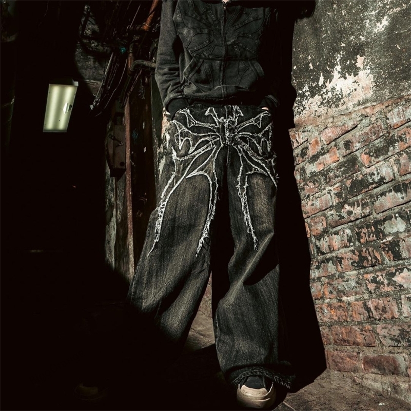 Embroidery Baggy Jeans Men Clothing Street Harajuku Hip Hop Vintage for Casual Washed and Distressed Pants Mens y240828