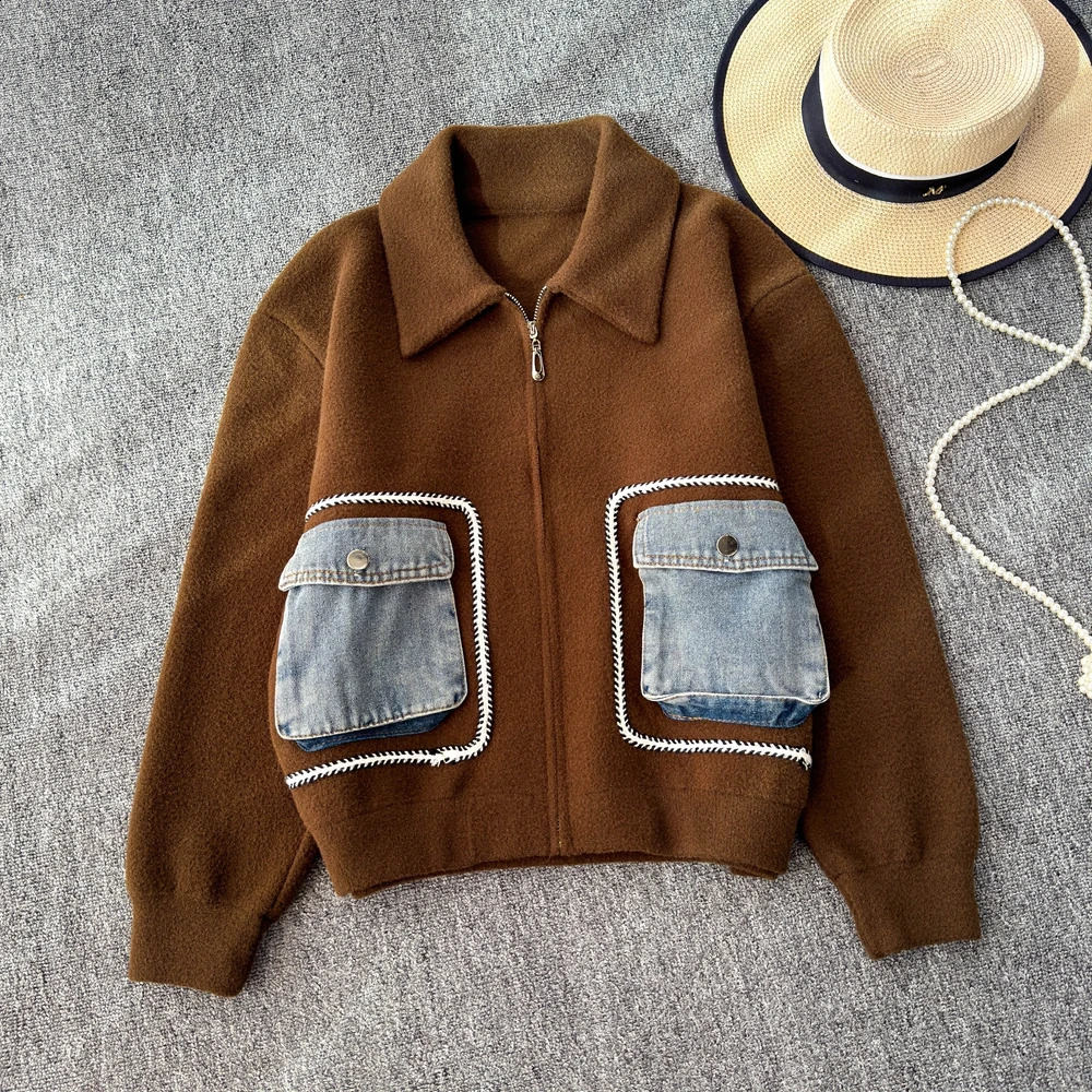 Veste de cowboy vintage d'automne / hiver épissant le couteau cachemire double face manteau en laine top 240828