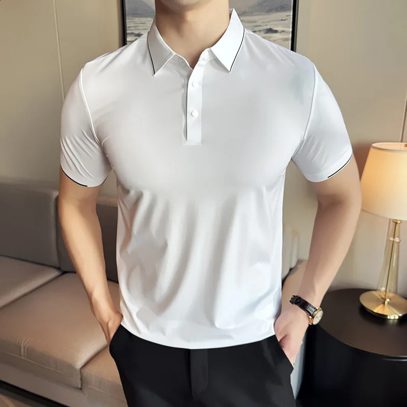 High Elasticity Mens Short Sleeved POLO Shirt 2024 Summer Solid Casual Tshirt Pure Cotton Slim Fit Men Clothing 240829Z