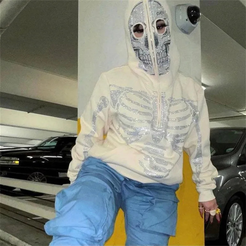 Y2K Trendyol Mens Streetwear Drilling Skull Hoodies Vintage Oodie Black Skeleton Hoodie Oversized Full Zip Hooded Sweatshirt 240828