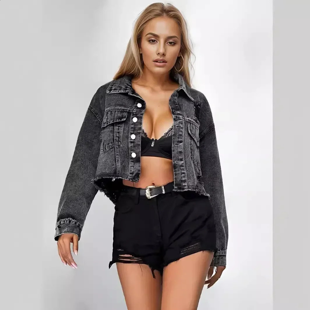 Womens Autumn Denim Jacket Tops Fashion Personality Broken Hole Lapel Long Sleeve Single Breasted Cowboy Short Jacket Y2k 240828