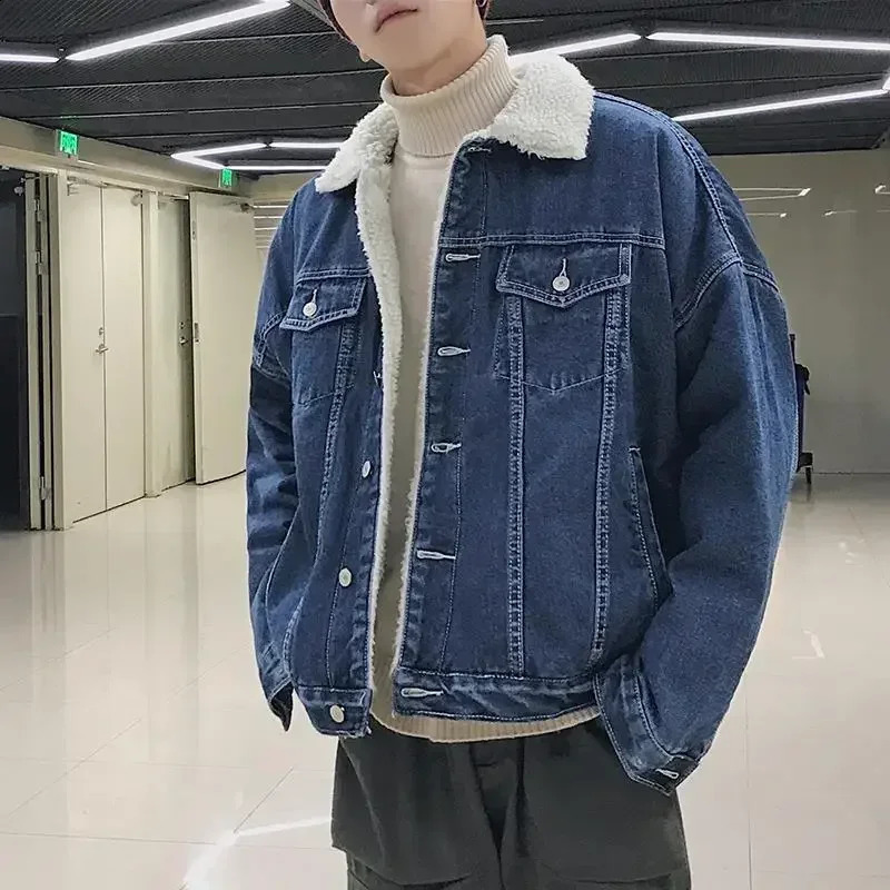 Denim Jackets MAN Padding Jeans Coat for Men Slim Fit Warm with Sheep Padded Wool Black Cowboy High QualiTY Trendy 240828