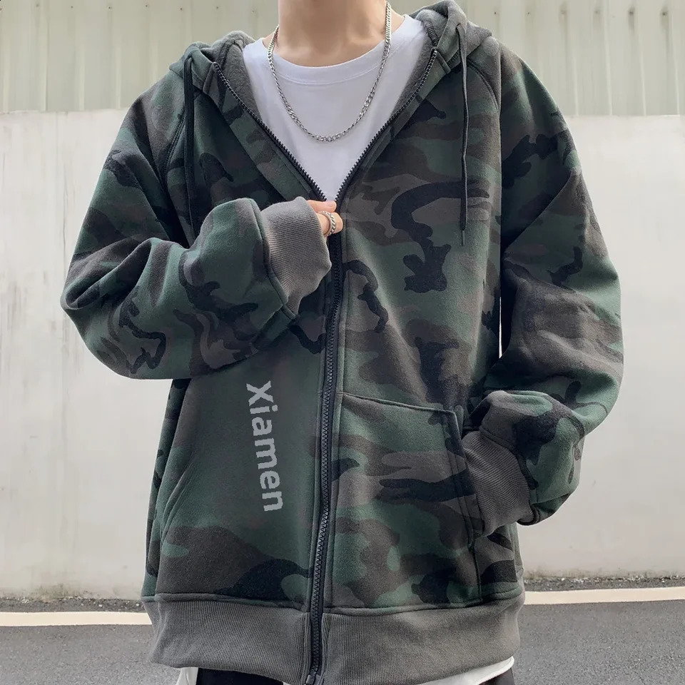 Autumn/winter Korean Style Ins Vintage Camouflage Fleece Lined Hooded Sweatshirt Fit Zipper Cardigan Jacket Men Women Trendy 240829