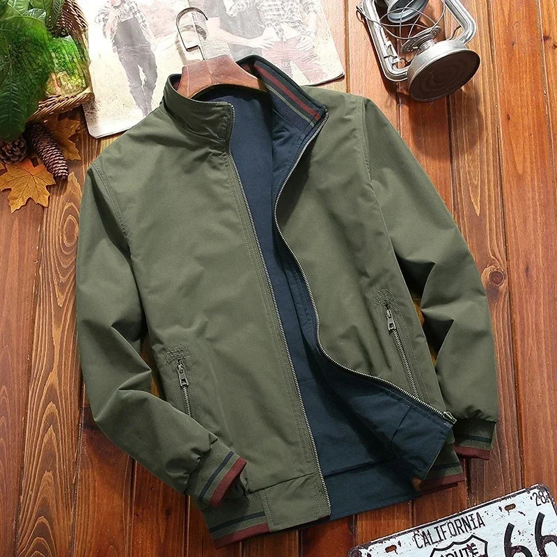 Mens Windbreaker Double-sided Wear Jackets Men Baseball Pilot Bomber Stand Collar Jacket Hip Hop Streetwear Coat Solid Color 240828