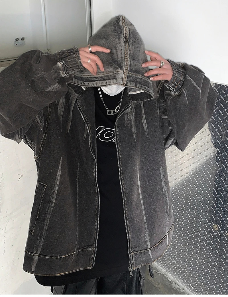 Gothic Zip Up Hoodie Washed Distressed Retro Black Y2k Hoodies men Sweatshirt Hoodie Streetwear Hip Hop Retro zip hoodies 240828