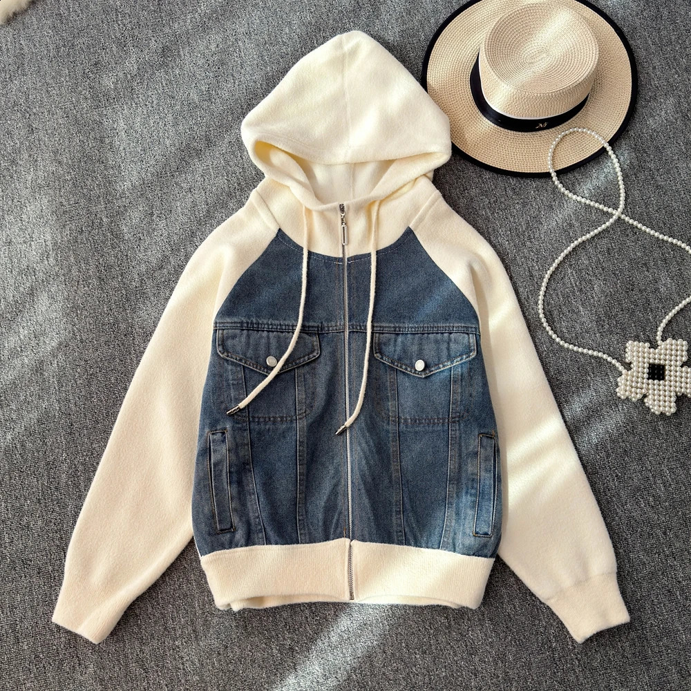 Autumn Winter Casual Loose Jacket Splicing Denim Coat Hooded Zipper Cardigan Fleece Hoodie Womens Short Jacket 240828