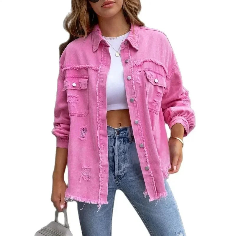 Holes Raw-edges Denim Jacket Women Spring Autumn Shirt Style Jeancoat Casual Top Rose-Red Orange Purple Outerwear Lady Coat 240828