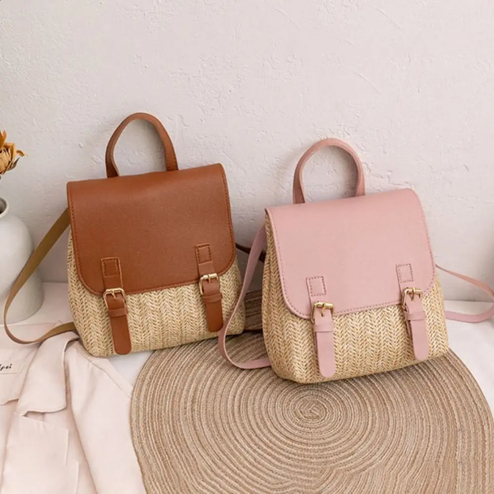 Vintage Straw Backpack Womens Fashion Shoulder Bag Versatile Woven PU Leather Elegant mochilas 240828Z