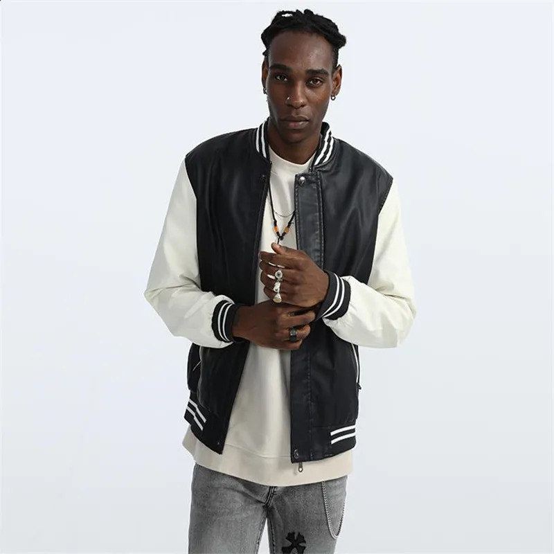 Autumn and Winter Mens Jacket Color Blocked PU Leather Clothing Male Fashion Casual Stand Up Collar Jacket Men Top Clothing 240828