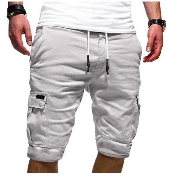 Mens overalls mid rise elastic waistband brushed mens shorts solid color loose sports cargo shorts multi pocket streetwear 240828