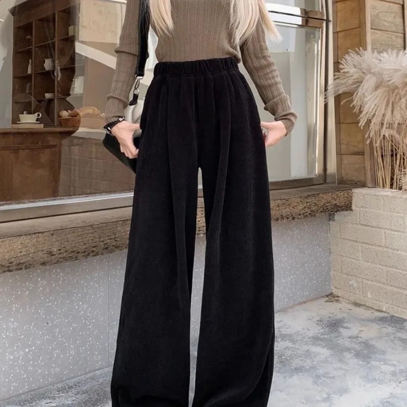 QWEEK Baggy Vintage Women Pants Sports Casual Wide Leg Korean Style Corduroy Trousers Streetwear Elastic Waist Pantalones 240829