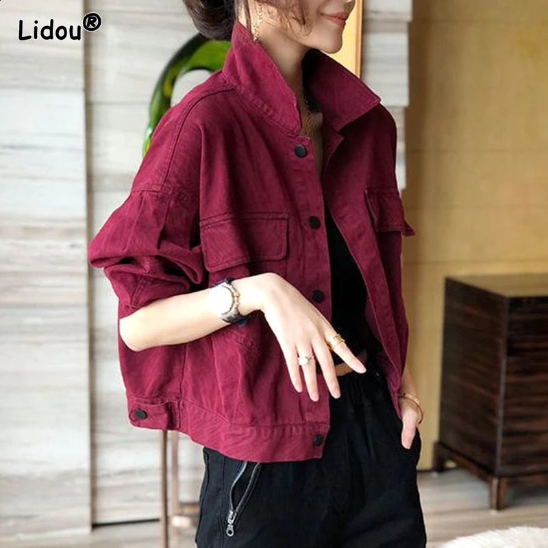 Spring and Autumn European Womens Fashion Fashionable Polo Collar Solid Color Casual Loose Short Denim Coat for Women 240828