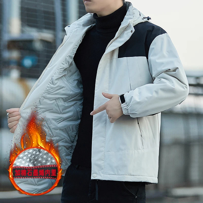 Mens Automne et hiver chauds extérieur extérieur imperméable Patchwork Pocket à capuche à capuche décontractée avec une veste en coton supplément