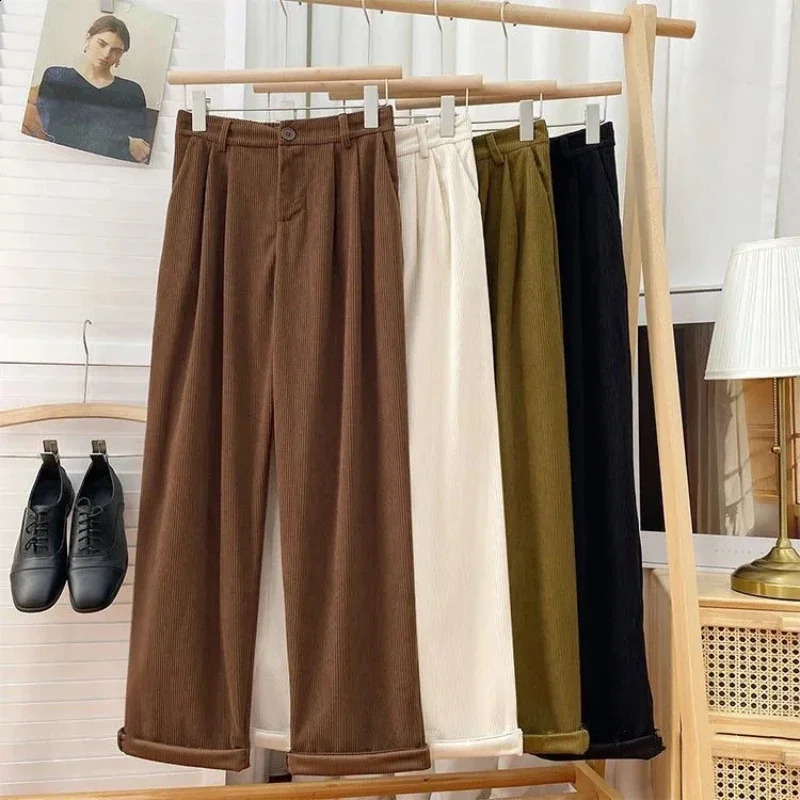 Vintage High Waist Corduroy Pants Women Spring Fall Straight Causal Full Length Trousers Korean Fashion All Match Black Pants 240829
