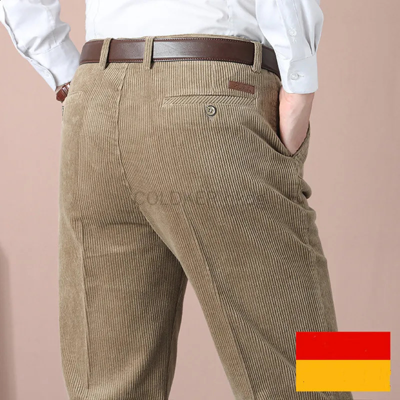 Mens Corduroy Pant Autumn Thick Straight Fit Flat-Front Casual Chino Pants Black Casual Trousers Male 240828
