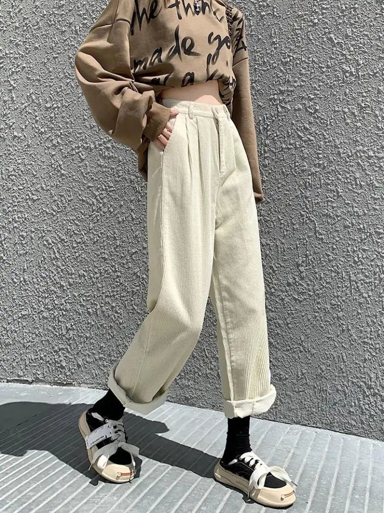 Vintage beige en velours côtelet large pantalon pantalon printemps automne taille haute pantalon droit des poches causales vertes tout match feme