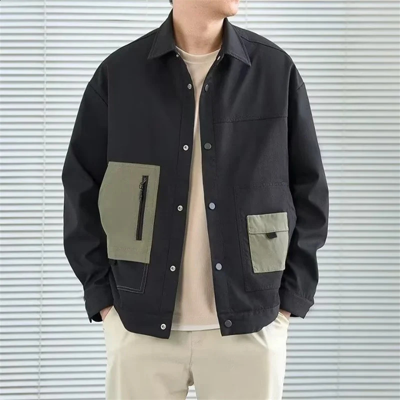 Mens Colorblock Pockets Button Bomber Jackets Autumn American Retro Baseball Uniform Black Loose Tops Male Lapel Frock Coat 240828