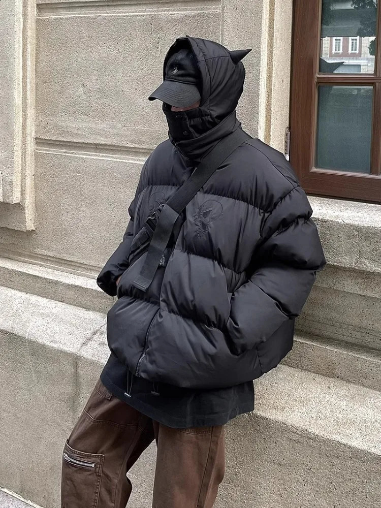 Cotton pad hip-hop park mens devil corner winter hooded down jacket retro Y2K thick puff street loose bubble jacket 240907