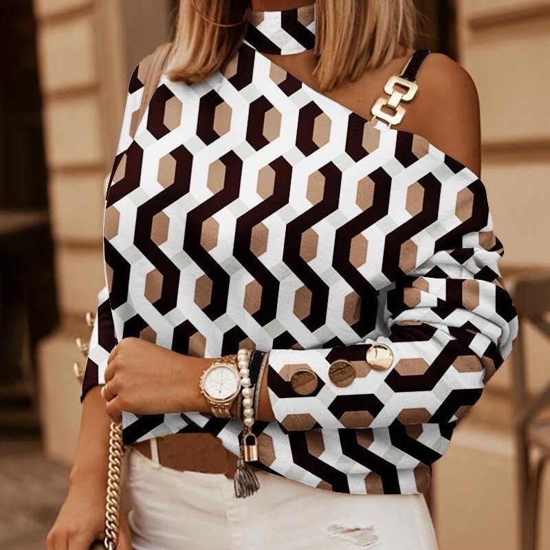 Womens sexy camisole shoulder shirt autumn retro printed loose floral top elegant long sleeved office womens shirt Blusa 240828