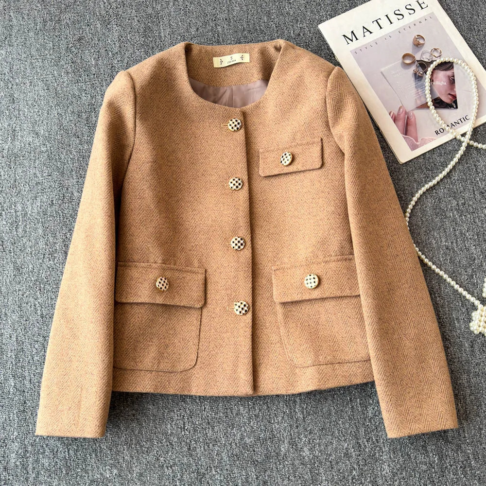 Autumn Winter Elegant High Quality Jacket Round Neck Woolen Coat Women Long Sleeve Single Breasted Pocket Outerwear Women 240828