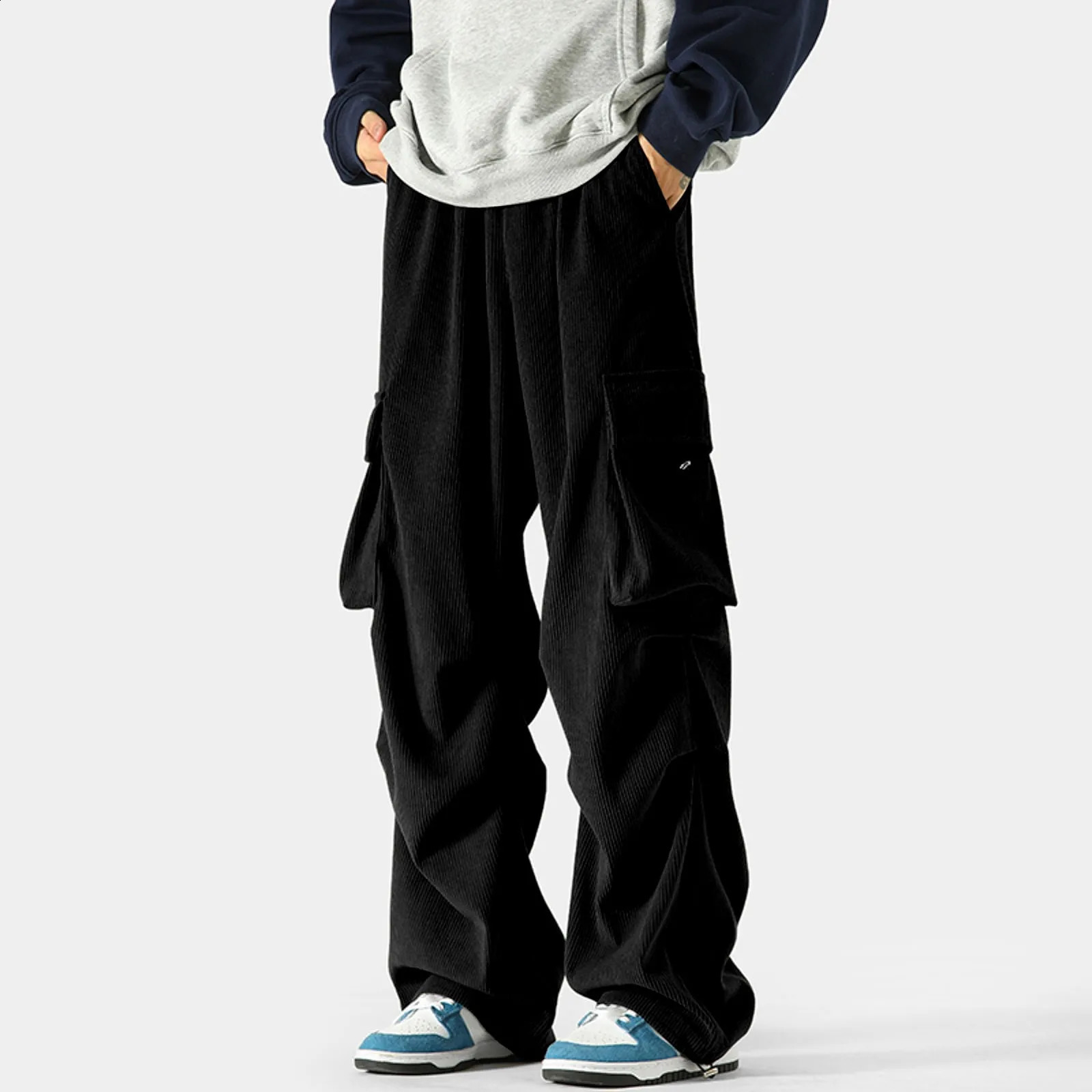 Mens Loose en velours côtelé grand pantalon de travail de poche pantalon de style coréen de style coréen pantalon décontracté mince pantalon déco