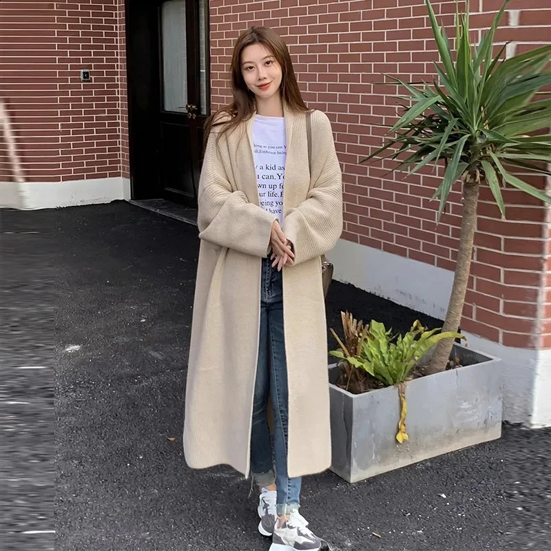 Autumn Winter Lazy High-end Temperament Long Sweater Jacket Womens Loose Knitted Cardigan Versatile Over The Knee Thick Coat 240828
