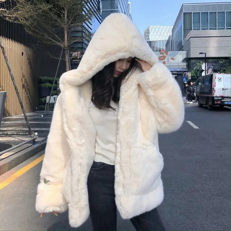Korean Fur Plush Fur Jackets Womens Outwear Autumn Winter Thicke Warm Parka Coat Fashion Loose Hooded Fur Jacket Overcoat 240828