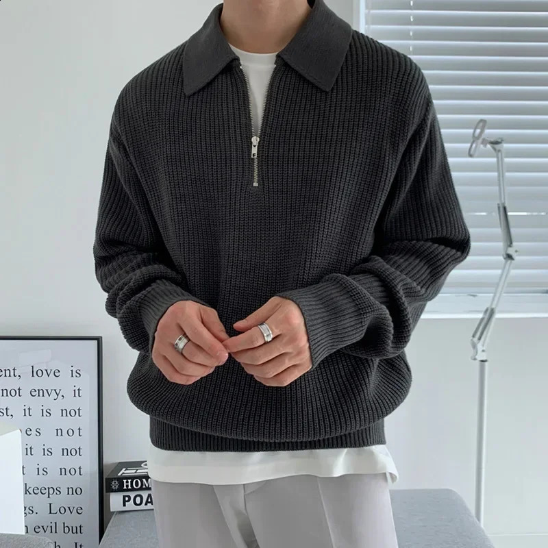 Men Autumn and Winter Turn-down Collar Knitted Polo Shirt Korean Style Loose and Lazy Pure Color Pullover Long-sleeved Sweater 240828