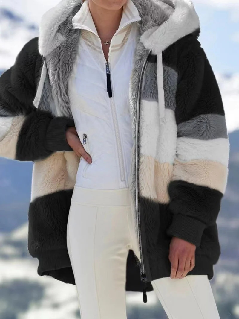Autumn Winter Women Loose Jacket Fashion Faux Fur Zip up Oversized Patchwork Fleece Hooded Elegant Warm Pocket Female Clothes 240828