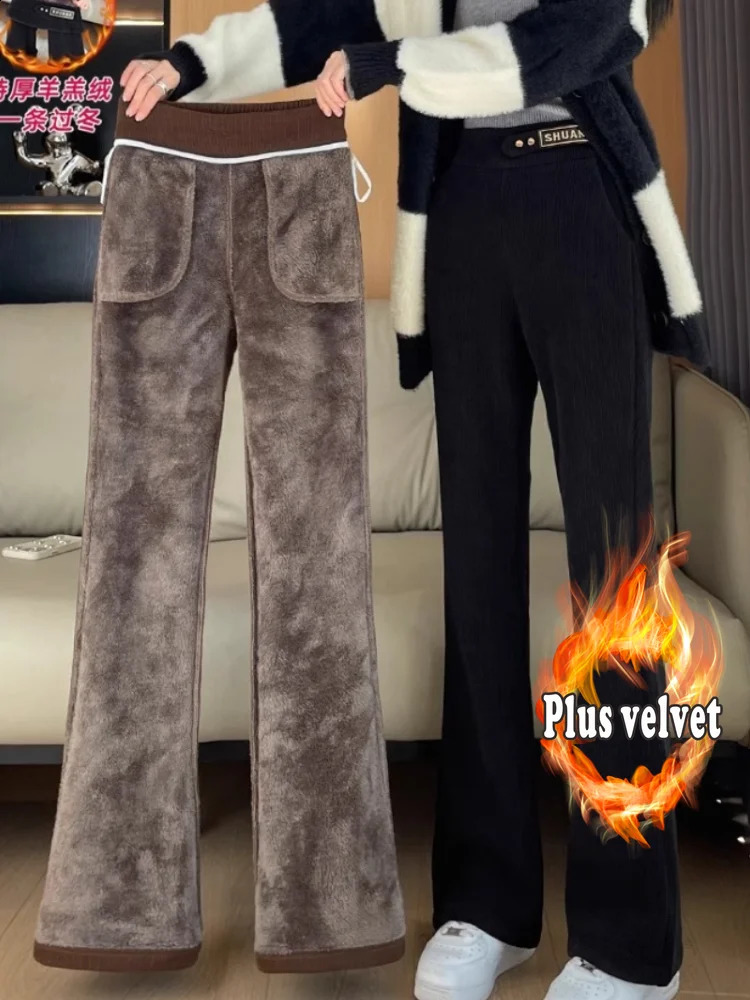 Pantalon en cachemire femme automne et hiver en velours côtelé pantalon de la jambe large pantalon épaissis de toison femme hiver 240829