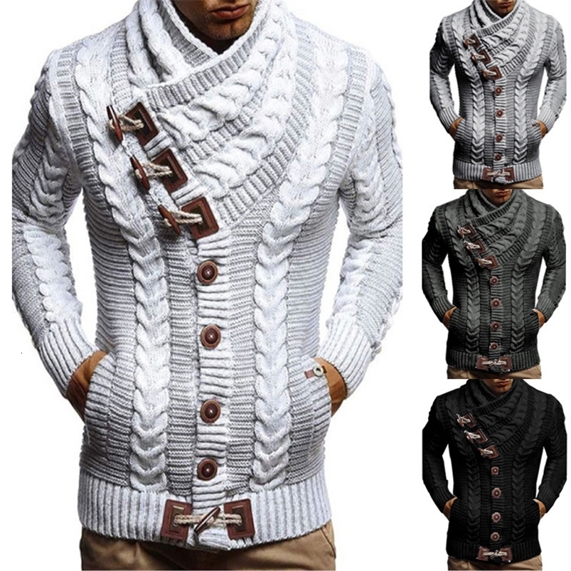 Mens coat with horn button navy blue collar single chest cardigan full set of solid knit jumper jacket for autumn and winter 240828