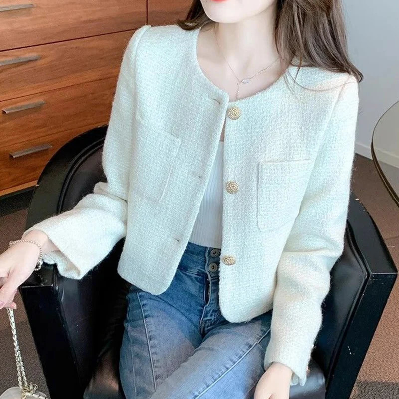 Rimocy Korean Fashion Tweed Cropped Jackets for Women Spring Round Neck Chic Coat Woman Beige Single-Breasted Jacket Female 240828