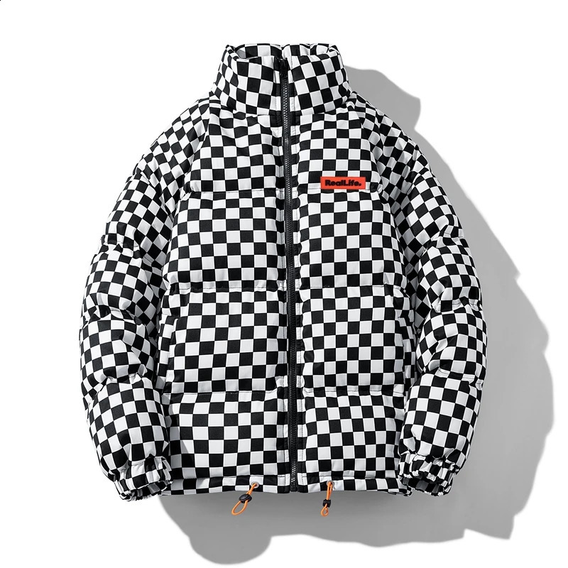 Japanese Style Men Puffer Jacket Husband With Contrast Warm Plaid Retro Parkas Winter Streetwear Oversize Bubble Coat 240828