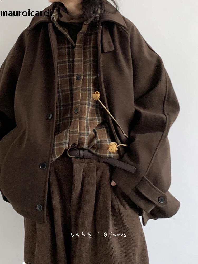 Mauroicardi Autumn Winter Oversized Warm Soft Caramel Woolen Jacket Men Raglan Sleeve Loose Casual Unisex Clothing 240828