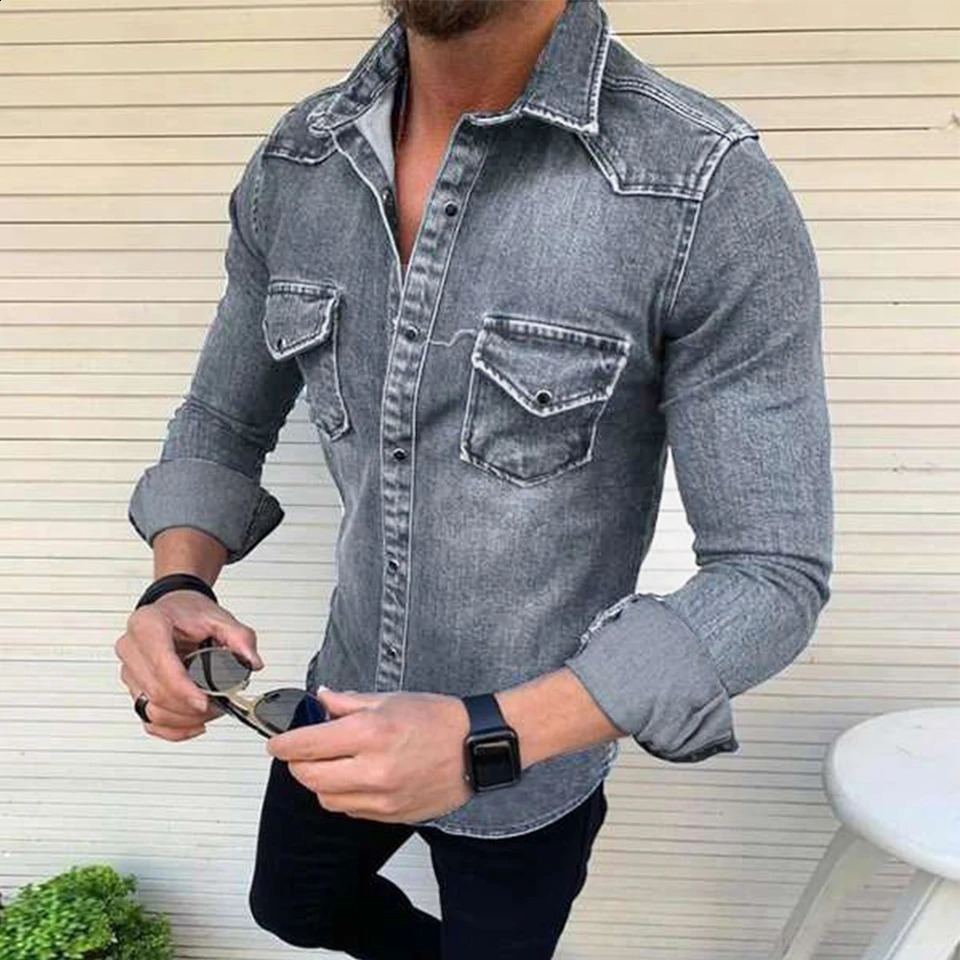 Mens casual slim fit shirt jeans long sleeved top chest pocket snap top fashionable denim shirt cotton autumn 240828