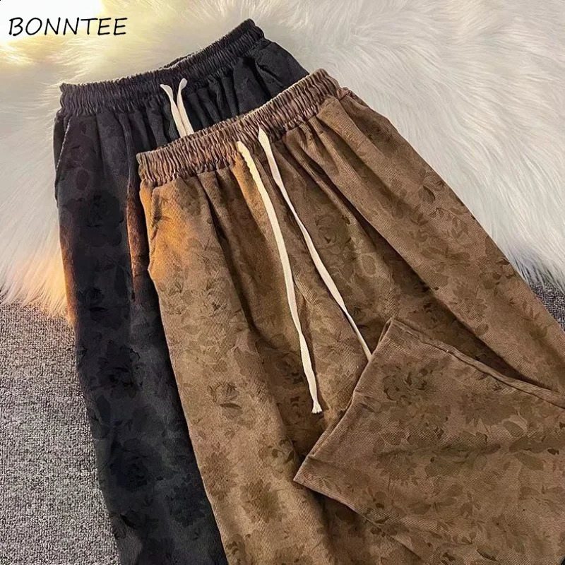 High Waist Wide Leg Pants Women Vintage Corduroy Printed Simple Loose BF Streetwear ed Autumn Leisure Long Trousers 240829