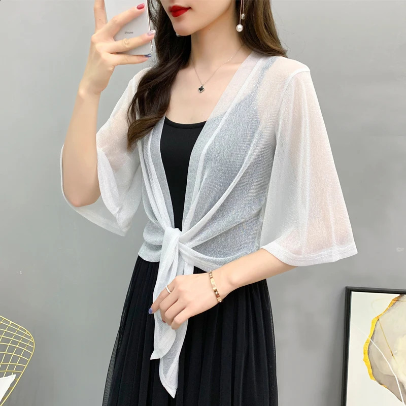 5308 Summer Kimono Coat Women Flare Sleeve Short Sunscreen Jacket Female Sexy See Through Woman Mesh Ladies 240828
