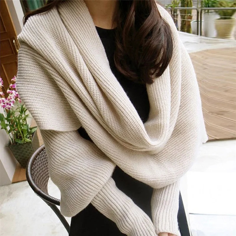 European Style Winter Women Long Scarf with Sleeves Wool Knitted Scarves for Women Thick Warm Casual Shawl High Quality 240828