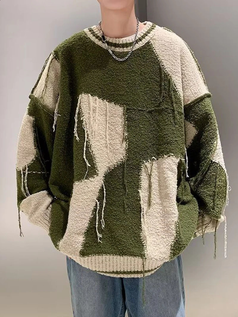 Vintage Green Knitted Sweater Men Pullover Blue Sweaters Male Winter Harajuku Streetwear Patchwear Autumn Hip Hop 240829