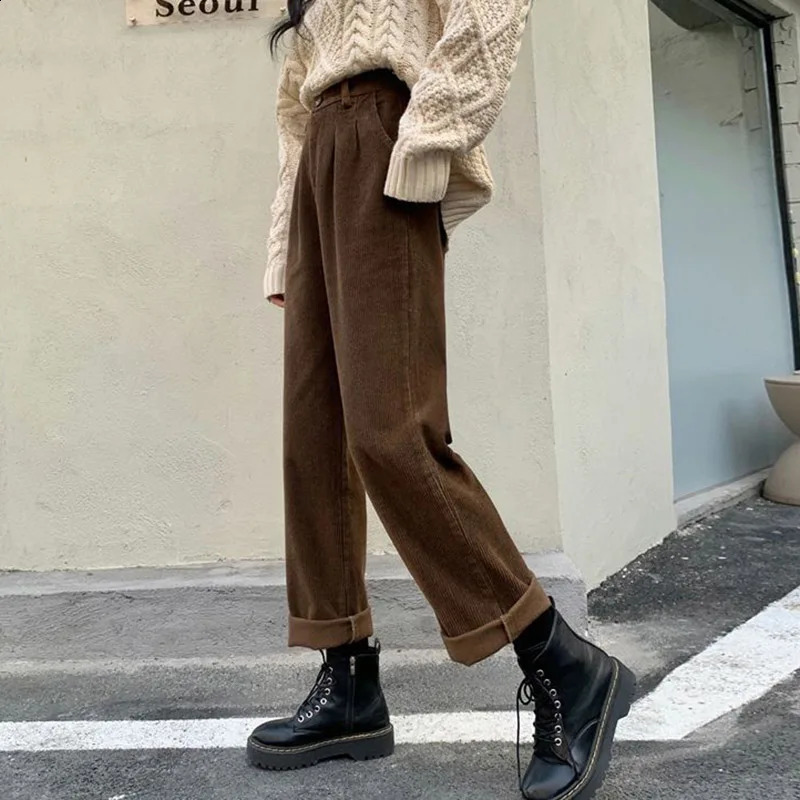 Zoki Pantalon en velours côtelé vintage pantalon droit de taille haute les poches causales correspond toutes
