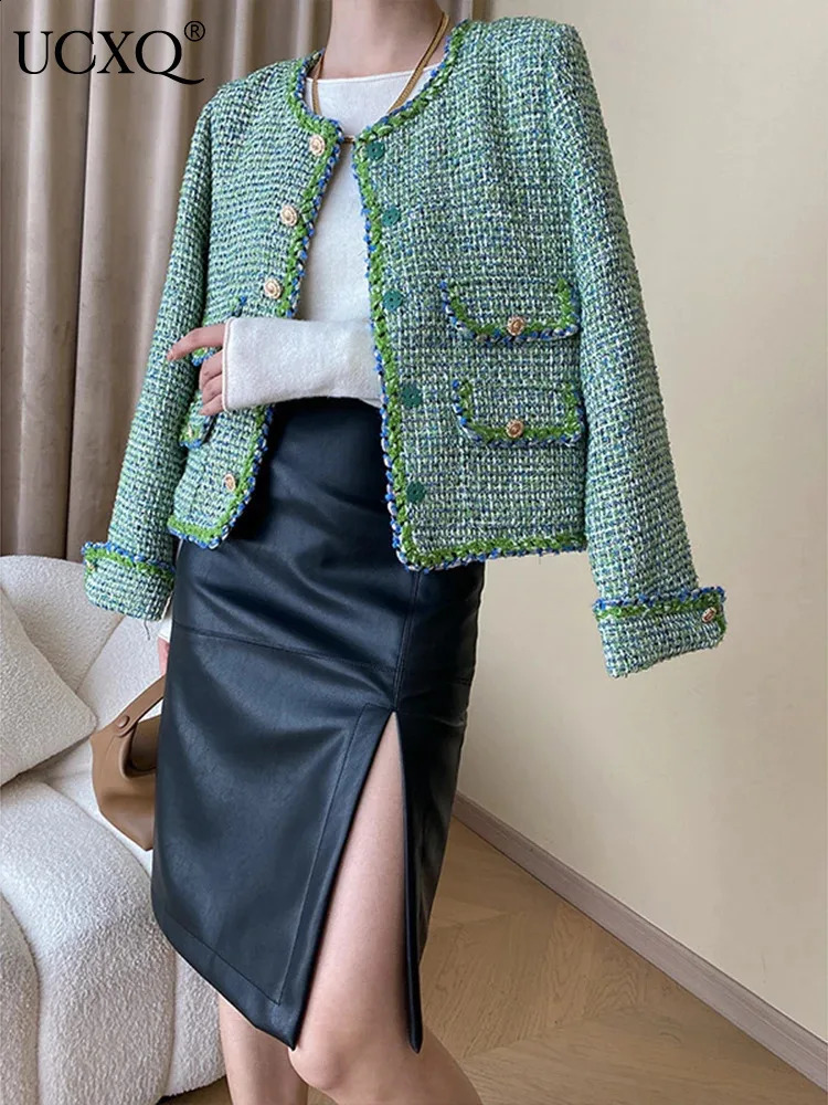 UCXQ Elegant Office Lady Coat Korean Style Single Breasted Pocket Long Sleeve Woven Tweed Jacket Women Spring Autumn 3C1266 240828