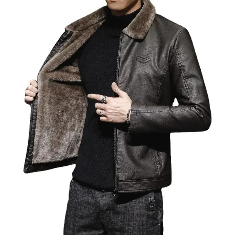 Mens Collar Solid Leather Jacket Fashion Long Sleeve Fur Turn Down Male Coat Zipper Autumn Winter Jackets 240827