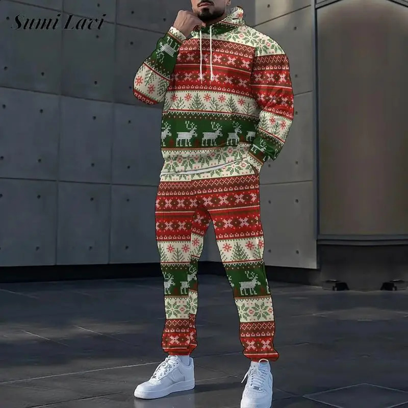 Modèle de Noël vintage Tenues pour hommes imprimés à manches longues et pantalons survêtements pour hommes à la mode des ensembles en deux pièces