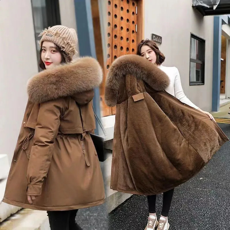 Women Parka Fashion Long Coat Wool Liner Hooded Parkas 2024 Winter Jacket Slim with Fur Collar Warm Snow Wear Padded Clothes 240828