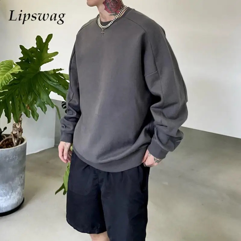 Vintage Long Sleeve Grey Sweatshirts Men Fashionable O Neck Solid Color Pullover Tops Mens Autumn Daily Casual Sweatshirt 240829