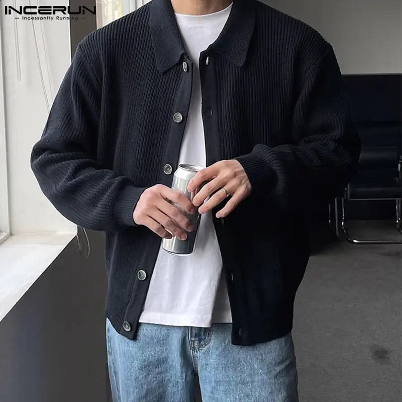 INCERUN Tops Korean Style Men Knitted Sweater Casual Street Autumn Winter Male Solid Long Sleeve Cardigan Sweater S-5XL 240829