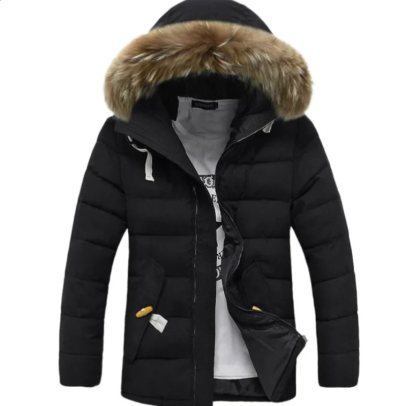2023 Winter Wool Collar Cotton Coat Korean Version Slim Fit Mid length Mens Student Plush Thickened Hat 240828