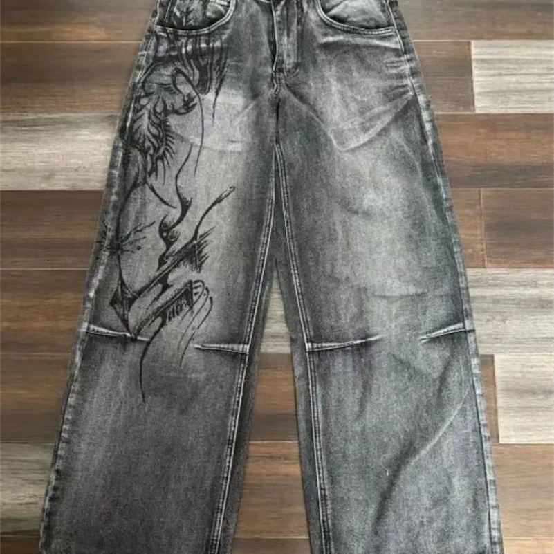 Vintage Printed Jeans for Men Clothing Street Fashion Hip Hop Washed Distressed Mens Casual Harajuku Baggy Pants y240828